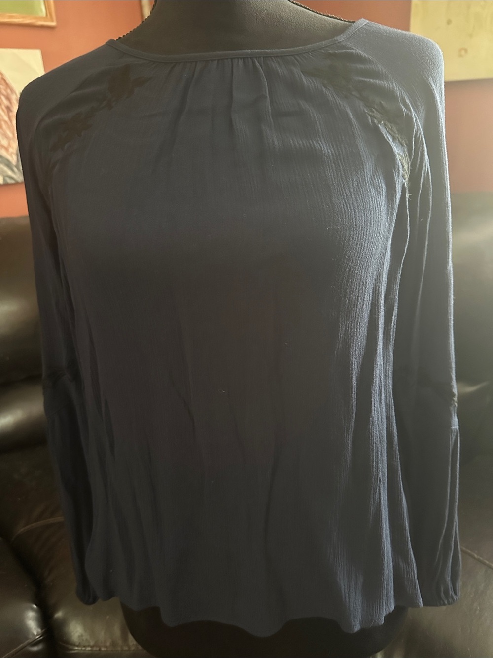 Simply Vera Vera Wang Navy Long-Sleeve Pleated Crewneck Blouse
